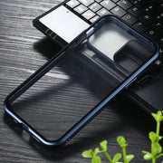 For iPhone 12 / 12 Pro Sliding Lens Cover Mirror Design Four-corner Shockproof Magnetic Metal Frame Double-sided Tempered Glass Case(Blue)