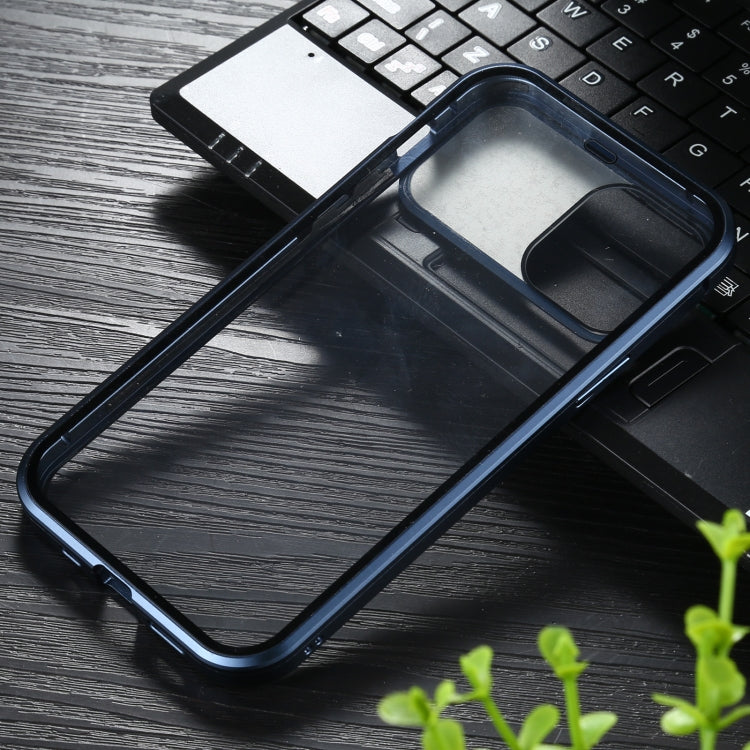 For iPhone 12 / 12 Pro Sliding Lens Cover Mirror Design Four-corner Shockproof Magnetic Metal Frame Double-sided Tempered Glass Case(Blue)