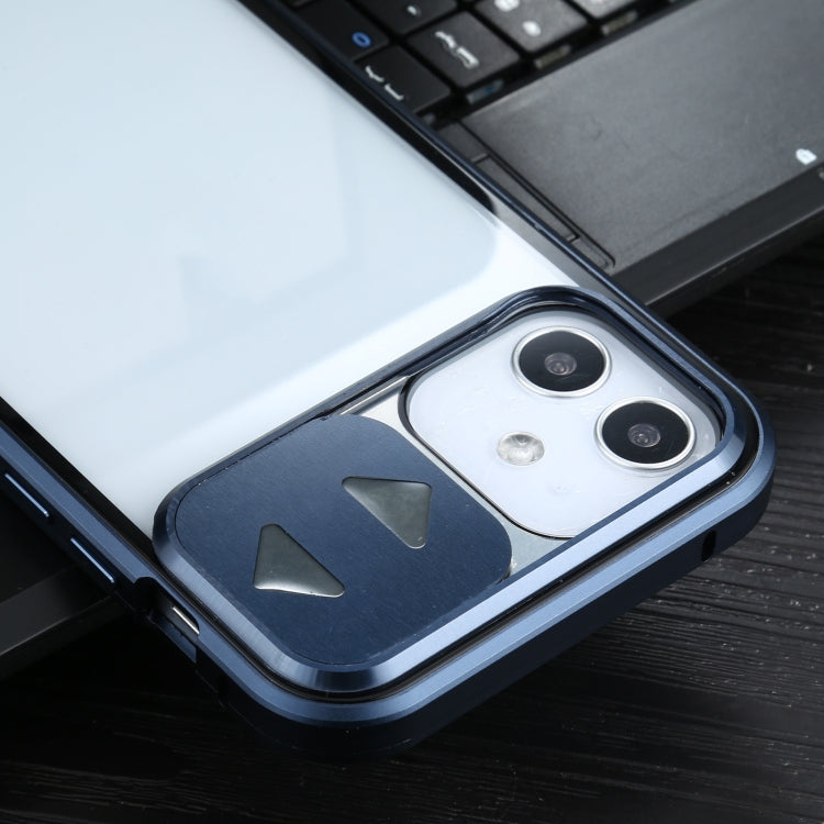For iPhone 12 / 12 Pro Sliding Lens Cover Mirror Design Four-corner Shockproof Magnetic Metal Frame Double-sided Tempered Glass Case(Blue) - iPhone 12 / 12 Pro Cases by PMC TechLife | Online Shopping South Africa | PMC TechLife