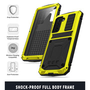 For Samsung Galaxy S21 5G R-JUST Shockproof Water-resistant Dust-proof Metal + Silicone Protective Case with Holder(Yellow)