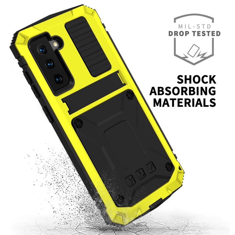 For Samsung Galaxy S21 5G R-JUST Shockproof Water-resistant Dust-proof Metal + Silicone Protective Case with Holder(Yellow)