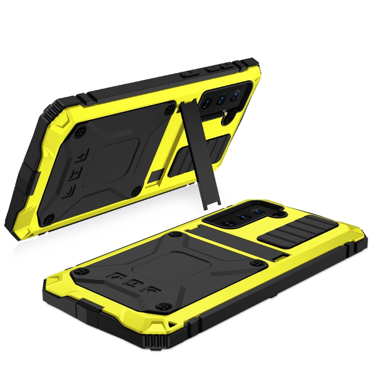 For Samsung Galaxy S21 5G R-JUST Shockproof Water-resistant Dust-proof Metal + Silicone Protective Case with Holder(Yellow)