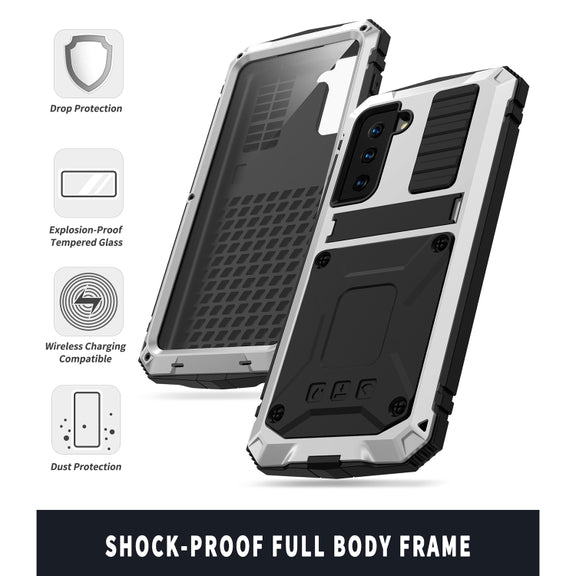 For Samsung Galaxy S21 5G R-JUST Shockproof Water-resistant Dust-proof Metal + Silicone Protective Case with Holder(Silver)