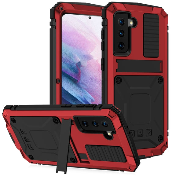 For Samsung Galaxy S21+ 5G R-JUST Shockproof Water-resistant Dust-proof Metal + Silicone Protective Case with Holder(Red)