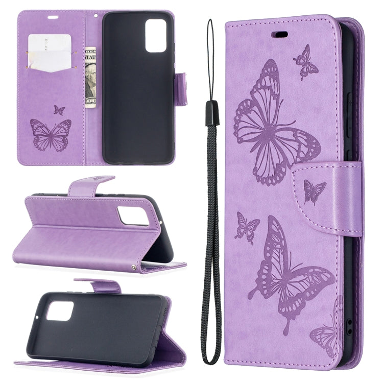 For Samsung Galaxy A02s (EU Version) Embossing Two Butterflies Pattern Horizontal Flip PU Leather Case with Holder & Card Slot & Wallet & Lanyard(Purple) - Galaxy Phone Cases by PMC TechLife | Online Shopping South Africa | PMC TechLife