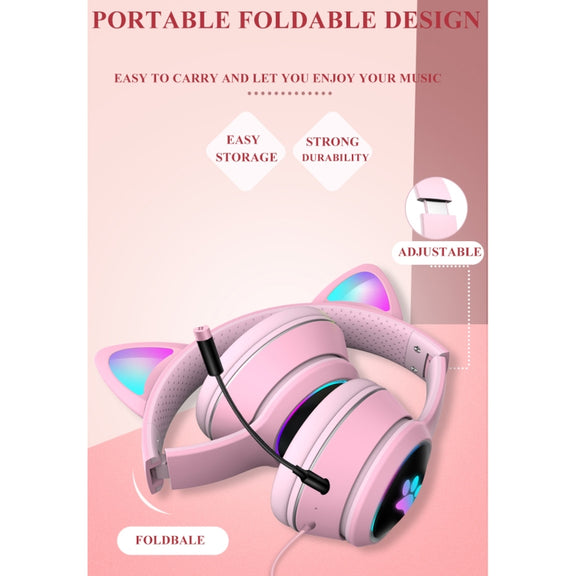 AKZ-022 USB + 3.5mm Port Cat Ear Design Foldable LED Headset with Mic(Black)