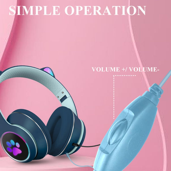 AKZ-022 USB + 3.5mm Port Cat Ear Design Foldable LED Headset with Mic(Light Blue)