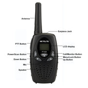 1 Pair RETEVIS RT628 0.5W US Frequency 462.550-467.7125MHz 22CHS Handheld Children Walkie Talkie(Black)