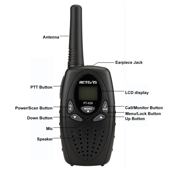 1 Pair RETEVIS RT628 0.5W US Frequency 462.550-467.7125MHz 22CHS Handheld Children Walkie Talkie(Black)