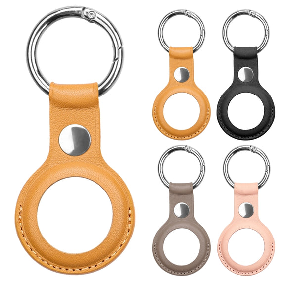 Anti-scratch Top-layer Cowhide Leather Case Cover with Switchable Keychain Ring for AirTag(Grey)