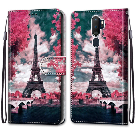 For OPPO A9 (2020) / A5 (2020) / A11X / A11 Coloured Drawing Cross Texture Horizontal Flip PU Leather Case with Holder & Card Slots & Wallet & Lanyard(Pink Flower Tower Bridge)