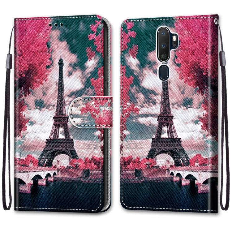 For OPPO A9 (2020) / A5 (2020) / A11X / A11 Coloured Drawing Cross Texture Horizontal Flip PU Leather Case with Holder & Card Slots & Wallet & Lanyard(Pink Flower Tower Bridge)