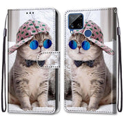 For OPPO Realme C15 / C12 / C25 / 7i (Global) / Narzo 20 / 30A Coloured Drawing Cross Texture Horizontal Flip PU Leather Case with Holder & Card Slots & Wallet & Lanyard(Slant Hat Blue Mirror Cat)