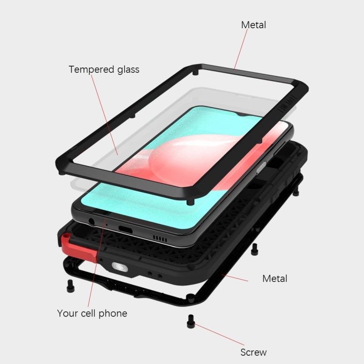 For Samsung Galaxy A32 5G LOVE MEI Metal Shockproof Water-resistant Dustproof Protective Case with Glass(Silver)