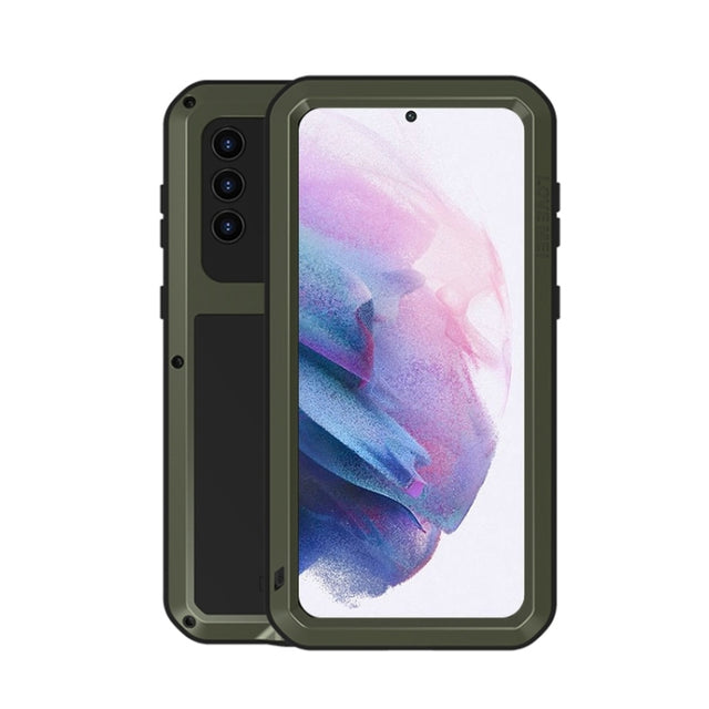 For Samsung Galaxy S21+ 5G LOVE MEI Metal Shockproof Water-resistant Dustproof Protective Case with Glass(Army Green)