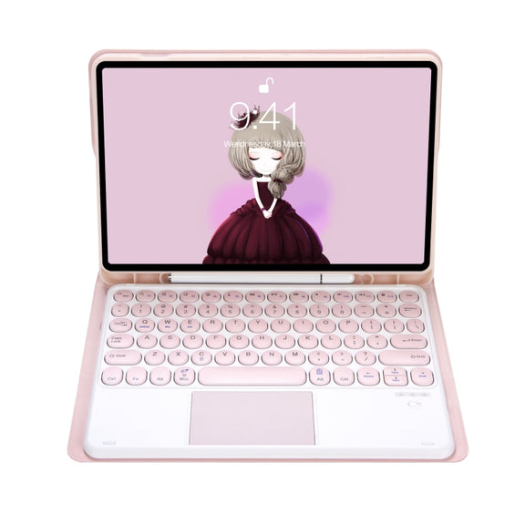 YT07B-A Detachable Candy Color Skin Feel Texture Round Keycap Bluetooth Keyboard Leather Case with Touch Control For iPad 9.7 inch 2018 & 2017 / Pro 9.7 inch / Air 2 / Air(Pink)