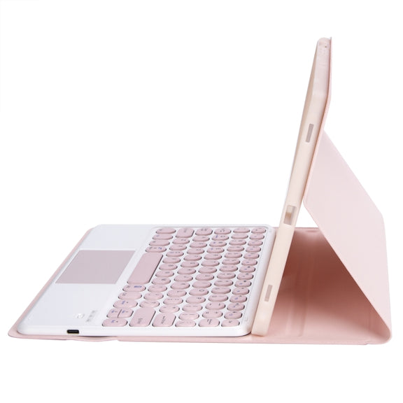 YT07B-A Detachable Candy Color Skin Feel Texture Round Keycap Bluetooth Keyboard Leather Case with Touch Control For iPad 9.7 inch 2018 & 2017 / Pro 9.7 inch / Air 2 / Air(Pink)