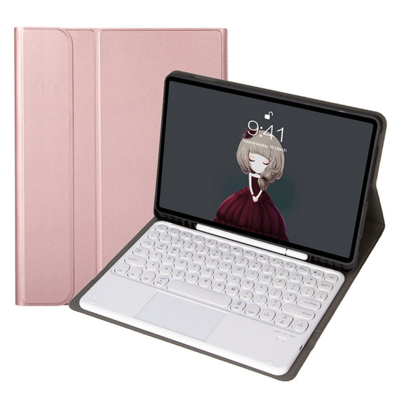 YA098B-A Detachable Lambskin Texture Round Keycap Bluetooth Keyboard Leather Tablet Case with Touch Control & Pen Slot & Stand For iPad Air 4 10.9 inch (2020) / Pro 11 inch (2020) & (2018)(Rose Gold)