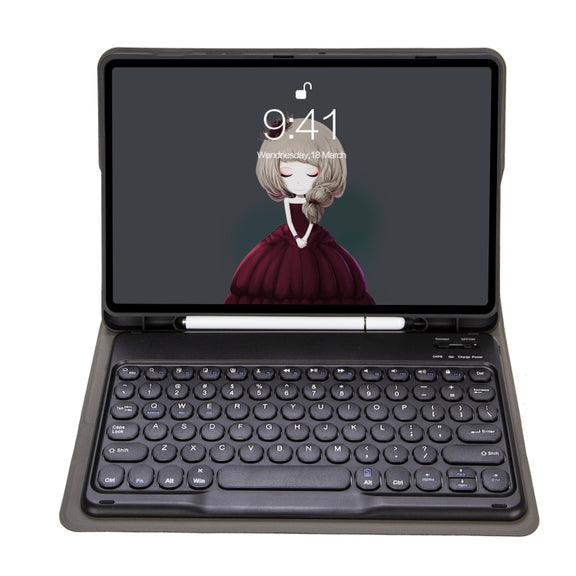 YA07B Detachable Lambskin Texture Round Keycap Bluetooth Keyboard Leather Tablet Case with Pen Slot & Stand For iPad 9.7 inch (2018) & (2017) / Pro 9.7 inch / Air 2 /Air(Dark Blue)