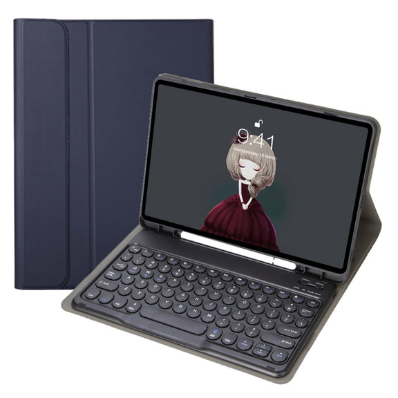 YA07B Detachable Lambskin Texture Round Keycap Bluetooth Keyboard Leather Tablet Case with Pen Slot & Stand For iPad 9.7 inch (2018) & (2017) / Pro 9.7 inch / Air 2 /Air(Dark Blue)