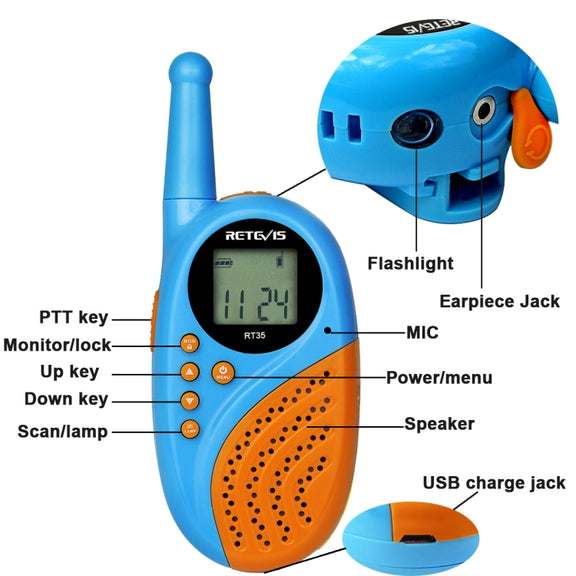 1 Pair RETEVIS RT-35 0.5W US Frequency 462.550-467.7125MHz 22CHS Children Handheld Walkie Talkie(Blue)