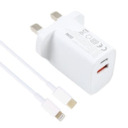 E087 20W USB-C / Type-C + USB Ports Charger with 100W Type-C to 8 Pin Fast Charging Cable 1m, UK Plug