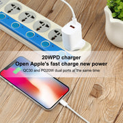 E087 20W USB-C / Type-C + USB Ports Charger with 100W Type-C to 8 Pin Fast Charging Cable 1m, UK Plug