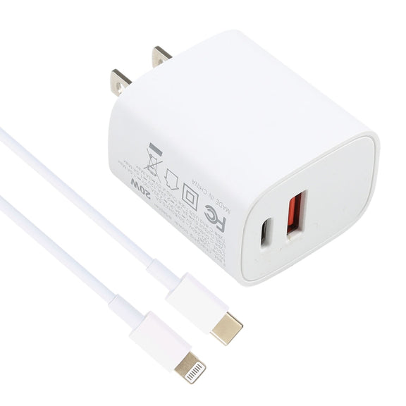 U087 20W USB-C / Type-C + USB Ports Charger with 100W Type-C to 8 Pin Fast Charging Cable 1m, US Plug