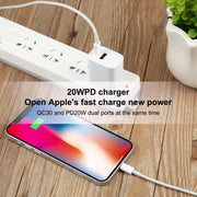 U087 20W USB-C / Type-C + USB Ports Charger with 100W Type-C to 8 Pin Fast Charging Cable 1m, US Plug
