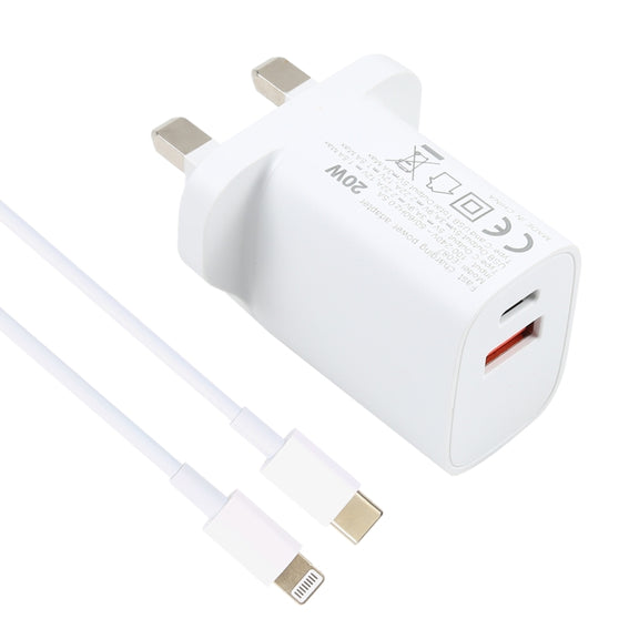 E087 20W USB-C / Type-C + USB Ports Charger with 100W Type-C to 8 Pin Fast Charging Cable 2m, UK Plug