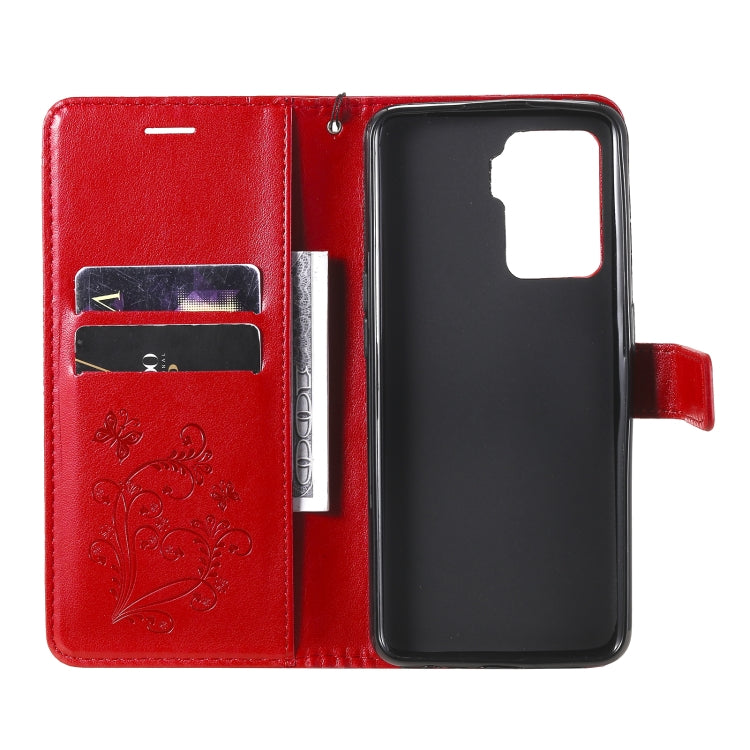 For OPPO A94 5G / F19 Pro / Reno 5F Pressed Printing Butterfly Pattern Horizontal Flip PU Leather Case with Holder & Card Slots & Wallet & Lanyard(Red)