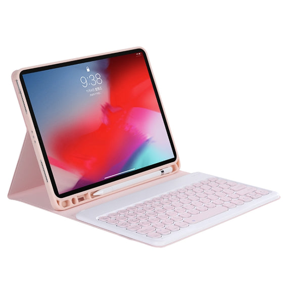 Y-C11B 2021 Detachable Candy Color Skin Texture Round Keycap Bluetooth Keyboard Leather Tablet Case with Pen Slot & Stand For iPad Pro 11 2021 / Air4 / Air5 / Pro 11(Pink)