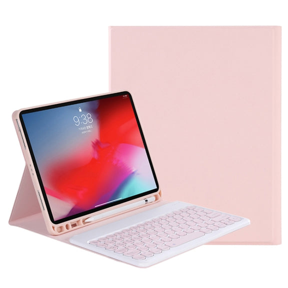 Y-C11B 2021 Detachable Candy Color Skin Texture Round Keycap Bluetooth Keyboard Leather Tablet Case with Pen Slot & Stand For iPad Pro 11 2021 / Air4 / Air5 / Pro 11(Pink)