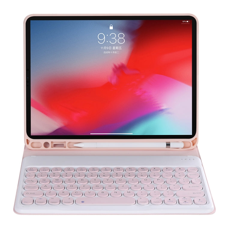 Y-C11B 2021 Detachable Candy Color Skin Texture Round Keycap Bluetooth Keyboard Leather Tablet Case with Pen Slot & Stand For iPad Pro 11 2021 / Air4 / Air5 / Pro 11(Pink)