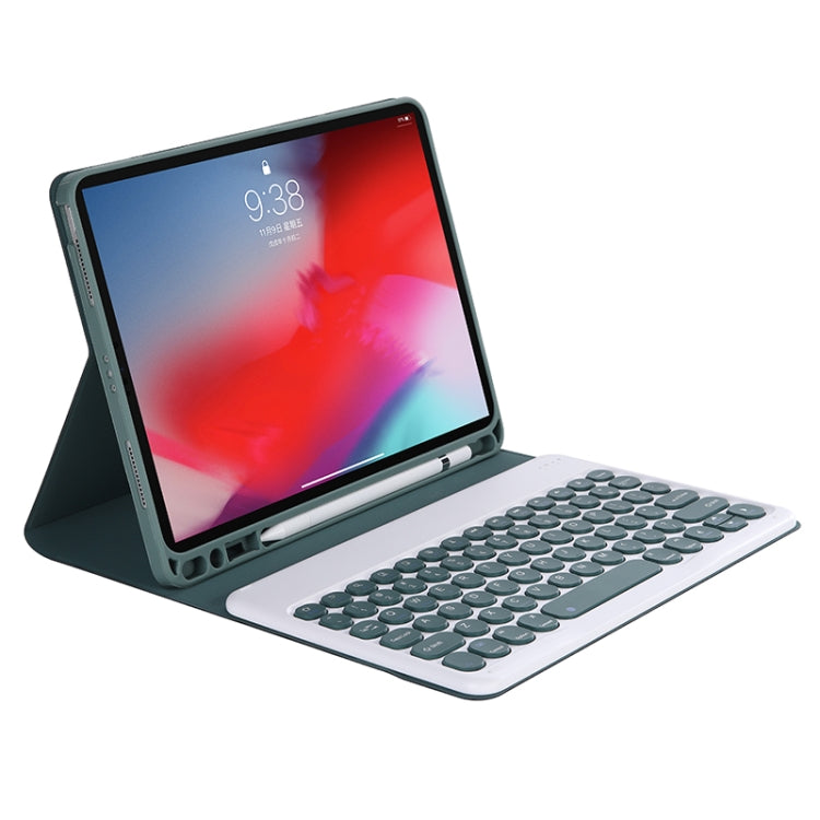 Y-C11B 2021 Detachable Candy Color Skin Texture Round Keycap Bluetooth Keyboard Leather Tablet Case with Pen Slot & Stand For iPad Pro 11 2021 / Air4 / Air5 / Pro 11(Dark Green)