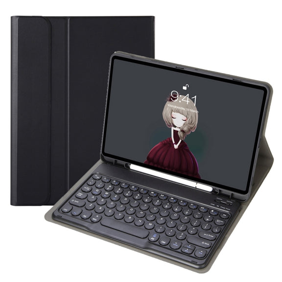YA11B 2021 Detachable Lambskin Texture Round Keycap Bluetooth Keyboard Leather Tablet Case with Pen Slot & Stand For iPad Pro 11 (2021)(Black)