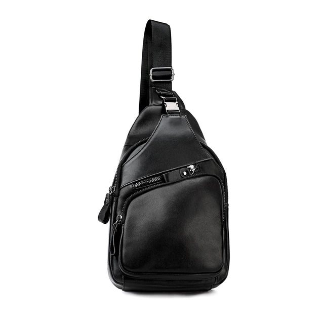 Men Leather Chest Bag Retro Shoulder Bag(Black)