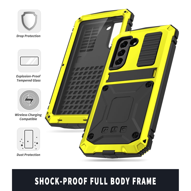For Samsung Galaxy S21 FE R-JUST Shockproof Waterproof Dust-proof Metal + Silicone Protective Case with Holder(Yellow) - Galaxy Phone Cases by R-JUST | Online Shopping South Africa | PMC TechLife | Buy Now Pay Later Mobicred
