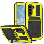 For Samsung Galaxy S21 FE R-JUST Shockproof Water-resistant Dust-proof Metal + Silicone Protective Case with Holder(Yellow)