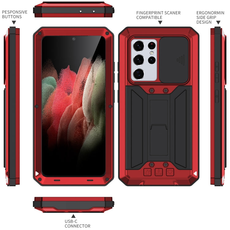 For Samsung Galaxy S21 Ultra 5G R-JUST Sliding Lens Cover Shockproof Dustproof Waterproof Metal + Silicone Case with Invisible Holder(Red) - free shipping - PMC TechLife - Order now!
