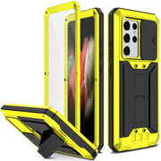 For Samsung Galaxy S21 Ultra 5G R-JUST Sliding Lens Cover Shockproof Dustproof Water-resistant Metal + Silicone Case with Invisible Holder(Yellow)