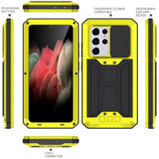For Samsung Galaxy S21 Ultra 5G R-JUST Sliding Lens Cover Shockproof Dustproof Water-resistant Metal + Silicone Case with Invisible Holder(Yellow)