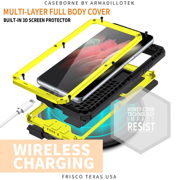 For Samsung Galaxy S21 Ultra 5G R-JUST Sliding Lens Cover Shockproof Dustproof Water-resistant Metal + Silicone Case with Invisible Holder(Yellow)