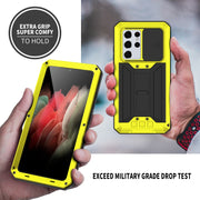 For Samsung Galaxy S21 Ultra 5G R-JUST Sliding Lens Cover Shockproof Dustproof Water-resistant Metal + Silicone Case with Invisible Holder(Yellow)