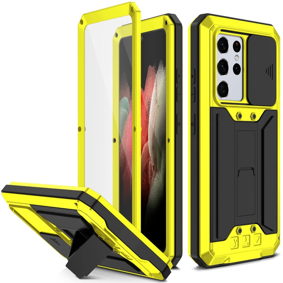 For Samsung Galaxy S21 Ultra 5G R-JUST Sliding Lens Cover Shockproof Dustproof Water-resistant Metal + Silicone Case with Invisible Holder(Yellow)