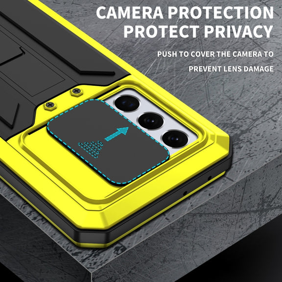 For Samsung Galaxy S21 Ultra 5G R-JUST Sliding Lens Cover Shockproof Dustproof Water-resistant Metal + Silicone Case with Invisible Holder(Yellow)