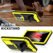 For Samsung Galaxy S21 Ultra 5G R-JUST Sliding Lens Cover Shockproof Dustproof Water-resistant Metal + Silicone Case with Invisible Holder(Yellow)