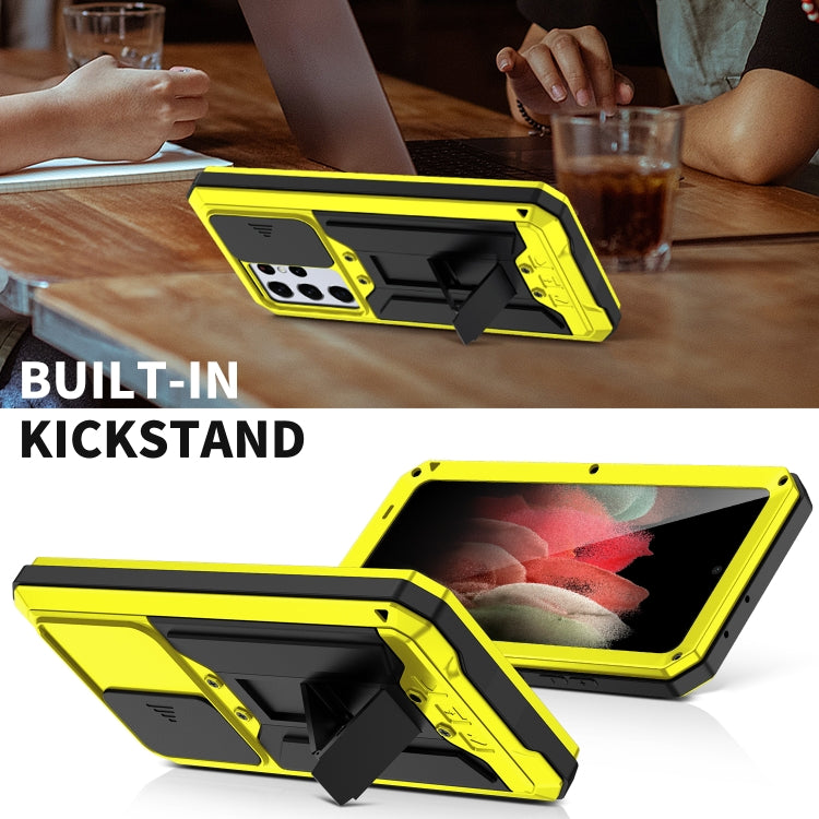 For Samsung Galaxy S21 Ultra 5G R-JUST Sliding Lens Cover Shockproof Dustproof Water-resistant Metal + Silicone Case with Invisible Holder(Yellow)