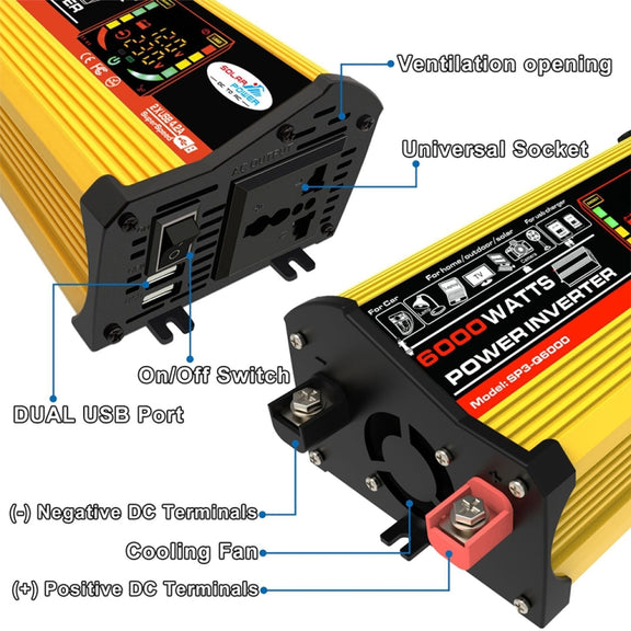 Legend III Generation DC12V to AC220V 6000W Modified Square Wave Car Power Inverter with LED Display(Yellow)