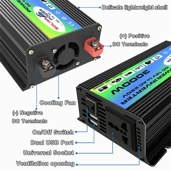 Tang I Generation 12V to 220V 3000W Modified Square Wave Intelligent Car Power Inverter with Dual USB(Black)